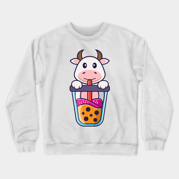 Cute cow Drinking Boba milk tea. Crewneck Sweatshirt by kolega